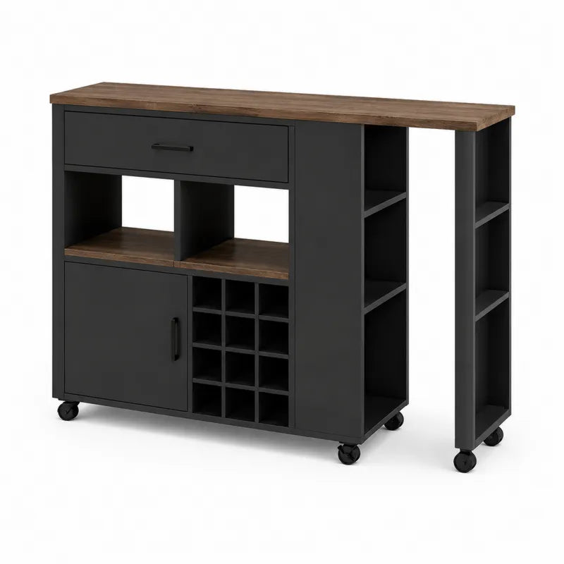 W¨®zek kuchenny z p¨®?k? na wino, czarny i drewno, 12