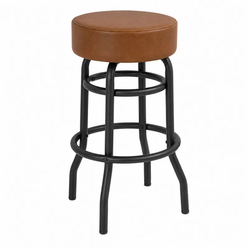 Taboret barowy z siedziskiem ze sk¨®ry ekologicznej br?zowej i metalow? ram? czarn?,